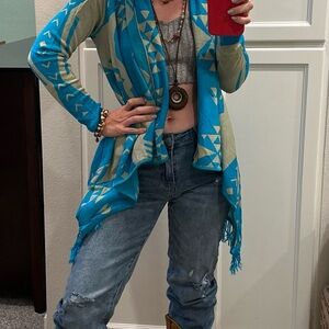 Say What? Teal and Beige Aztec Knit Cardigan